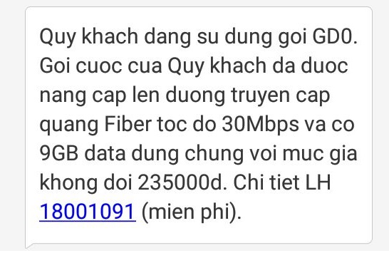 Tin nhắn thông báo của VinaPhone gửi tới khách hàng