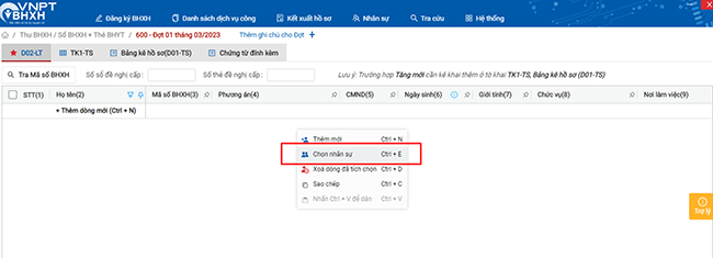 Tìm danh sách nhân sự bằng cách bấm chuột phải > Chọn nhân sự. Trường hợp NLĐ chưa được lưu trên hệ thống thì bấm chọn “Thêm mới”