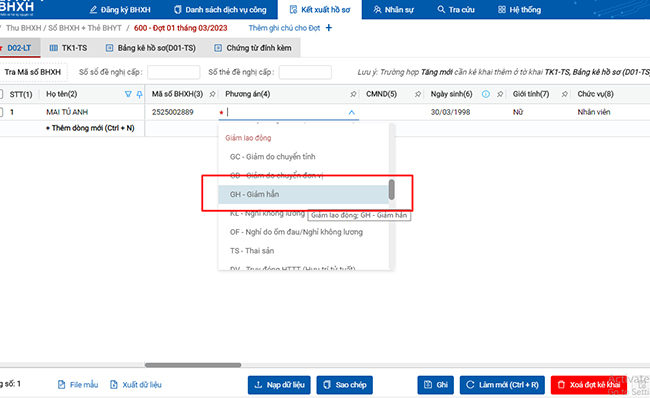 Tại trường Phương án, chọn loại khai báo giảm là GH – Giảm hẳn
