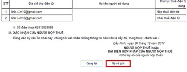 Nhấn Ký và gửi để xác nhận yêu cầu thay đổi thông tin