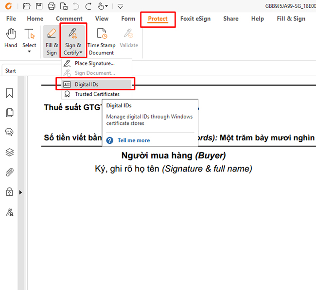 Chọn [Protect] > [Sign & Certify] > [Digital IDs].