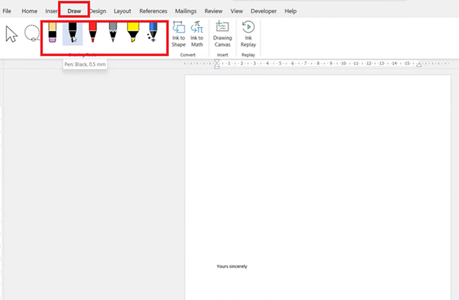 Chọn [Draw] và kiểu bút để vẽ chữ ký tại vị trí cần ký trên file Word.